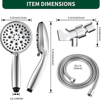 Handheld Shower Head, 6 Spray Modes High Pressure Showerhead, Chrome Finish | 59 Inch Stainless Steel Hose & Adjustable Shower Bracket, Anti-clog Nozzles, Easy Installation
