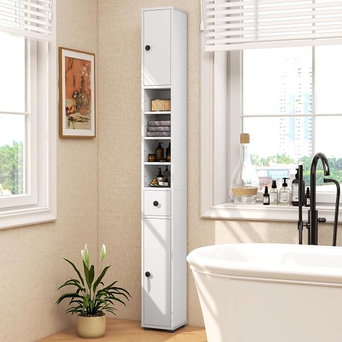 GIANTEX 71” Tall Slim Bathroom Storage Cabinet (White) | Narrow Floor Cabinet with 2 Doors, 5 Adjustable Shelves, 1 Drawer, Anti-Tipping Device for Small Spaces, Living Room, Kitchen