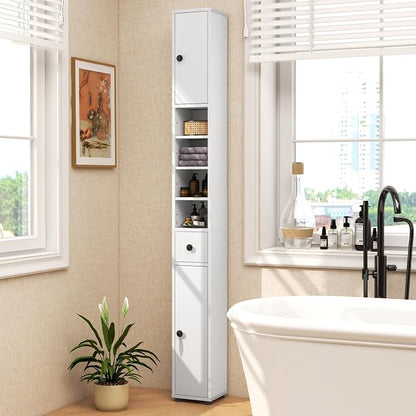 GIANTEX 71” Tall Slim Bathroom Storage Cabinet (White) | Narrow Floor Cabinet with 2 Doors, 5 Adjustable Shelves, 1 Drawer, Anti-Tipping Device for Small Spaces, Living Room, Kitchen