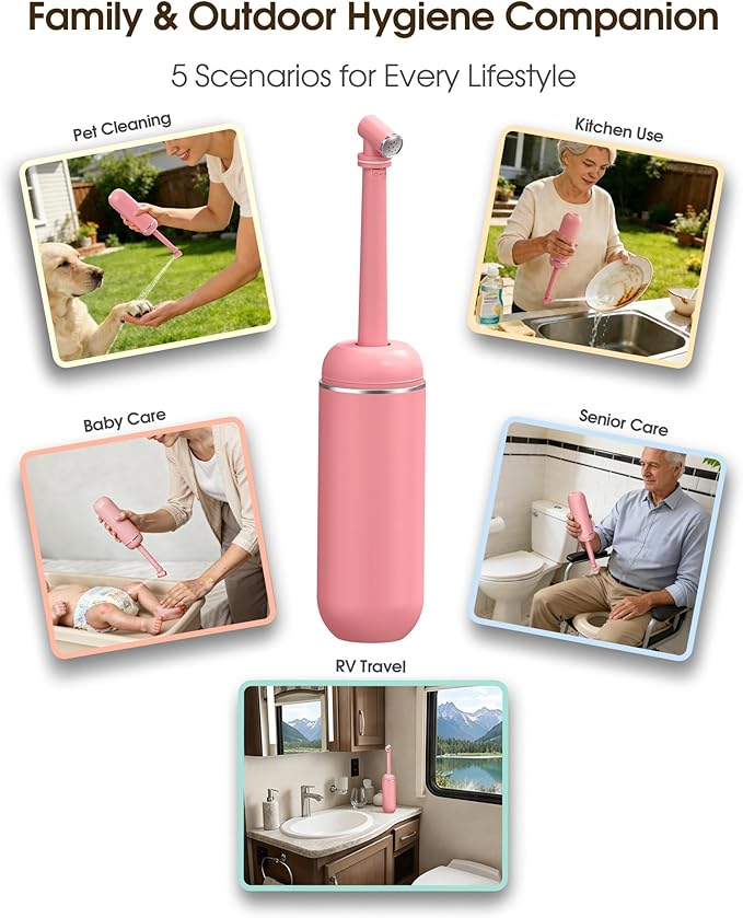 Portable Bidet for Travel & Camping - Manual Squeeze Handheld Peri Bottle for Feminine Hygiene, 3 Leak-Proof Seals, Extendable Sprayer with Rotating Nozzle for Men & Women (Upgrade Pink, General)