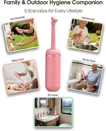 Portable Bidet for Travel & Camping - Manual Squeeze Handheld Peri Bottle for Feminine Hygiene, 3 Leak-Proof Seals, Extendable Sprayer with Rotating Nozzle for Men & Women (Upgrade Pink, General)