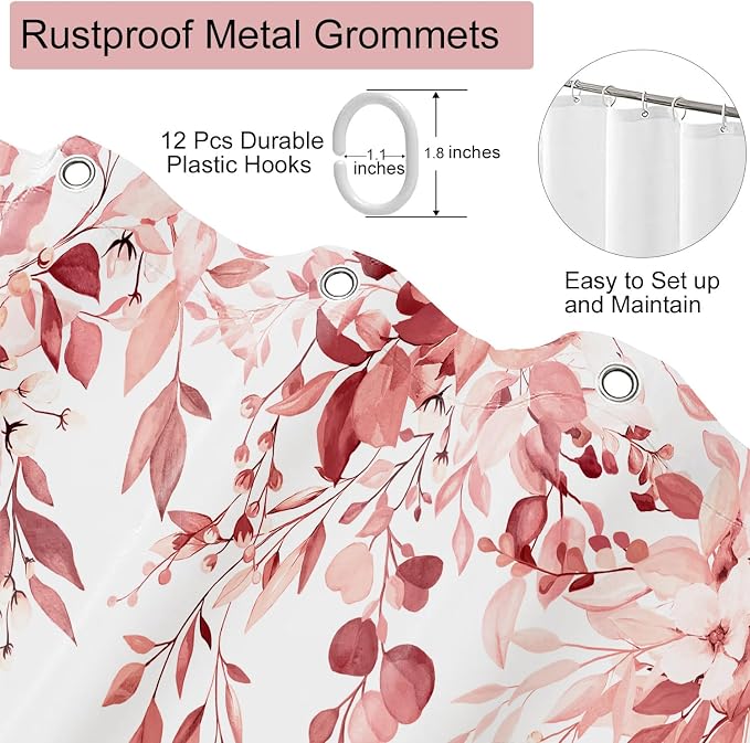 Pink Floral Eucalyptus Shower Curtain with Hooks, 72x78 Inch | Waterproof Fabric, Watercolor Leaves and Floral, Botanical Style, Machine Washable, Quick-Drying, for Hotel Bathroom