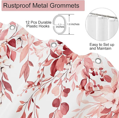 Pink Floral Eucalyptus Shower Curtain with Hooks, 72x78 Inch | Waterproof Fabric, Watercolor Leaves and Floral, Botanical Style, Machine Washable, Quick-Drying, for Hotel Bathroom