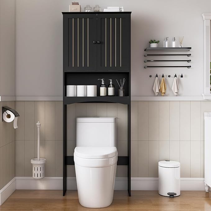 Over The Toilet Storage Cabinet for Small Bathrooms, Freestanding Space Saver with Double Doors & 2 Fixed Shelves, Stable Wood Organizer with Anti-Tip Kit, Fits 33-Inch Clearance Black