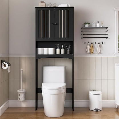Over The Toilet Storage Cabinet for Small Bathrooms, Freestanding Space Saver with Double Doors & 2 Fixed Shelves, Stable Wood Organizer with Anti-Tip Kit, Fits 33-Inch Clearance Black