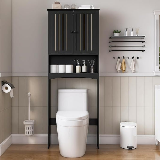 Over The Toilet Storage Cabinet for Small Bathrooms, Freestanding Space Saver with Double Doors & 2 Fixed Shelves, Stable Wood Organizer with Anti-Tip Kit, Fits 33-Inch Clearance Black