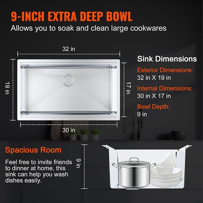 VEVOR 32 inch Kitchen Single Sink, 304 Stainless Steel Undermount Sink Drop-In Single Bowl Farmhouse Basin with Ledge & Multiple Accessories, Household Dishwasher Sinks for Prep Kitchen, Bar 32"*19"