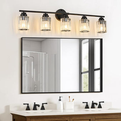 37.4" Crystal Bathroom Lighting Fixtures Over Mirror, 5-Light Balck Vanity Light Fixture, Vanity Lights with Clear Crystal Shade, E26 Base Wall Sconces for Bathroom, Bedroom, Hallway