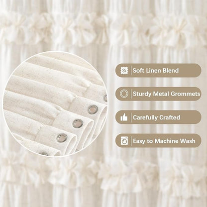 Boho Ruffle Farmhouse Fall Linen Shower Curtain Vintage Cream 72" W x 72" H | Fall Linen Blend Fabric, Ruffle Bow and Ruffled Hem，Linen Texture，Machine Washable，12 Metal Holes and Plastic Hooks