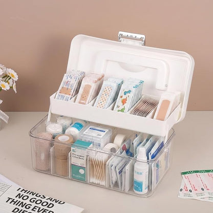 Rainmae 2 Tiers Bandage Organizer with Lid and Adjustable Dividers First Aid Tapes and Bandage Storage Container for Bathroom Medicine Cabinet, Home Office, USB Cables, Medical Elastic Wrap