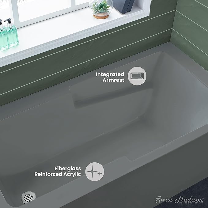Voltaire 60" x 32" Left-Hand Drain Alcove Bathtub with Apron and Armrest in Matte Gray
