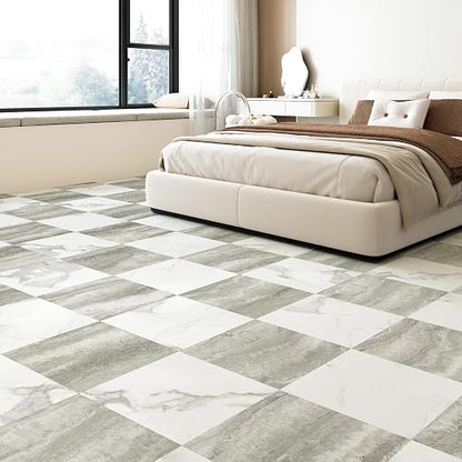 Art3d 30-Pack Peel and Stick Vinyl Floor Tiles, White & Beige Marble | 15 Tiles per Color, 12" x 12" Single Tile, Anti-Slip, Waterproof, Ideal for Kitchen, Bathroom, Living Room, Bedroom