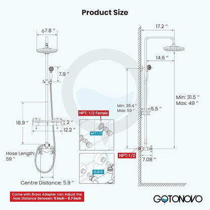 gotonovo Exposed Shower System with Shelf 2 Cross Handle Antique Brass | Bathroom Brass Shower Faucet Set,8’’ Rainfall Head with Handheld Sprayer,SUS304 Shelf,6’’ Hole Distance,Adjustable Height