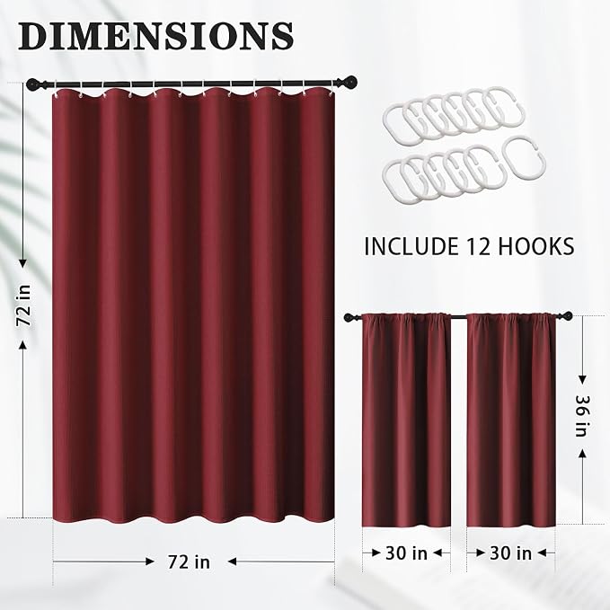 Shower Curtain Set, for Bathroom Decor 72" x 72", Burgundy Modern | Waffle Solid Textured Waffle Textured Cloth Waterproof Matching Window Shower Curtain 36 x 30 Inches
