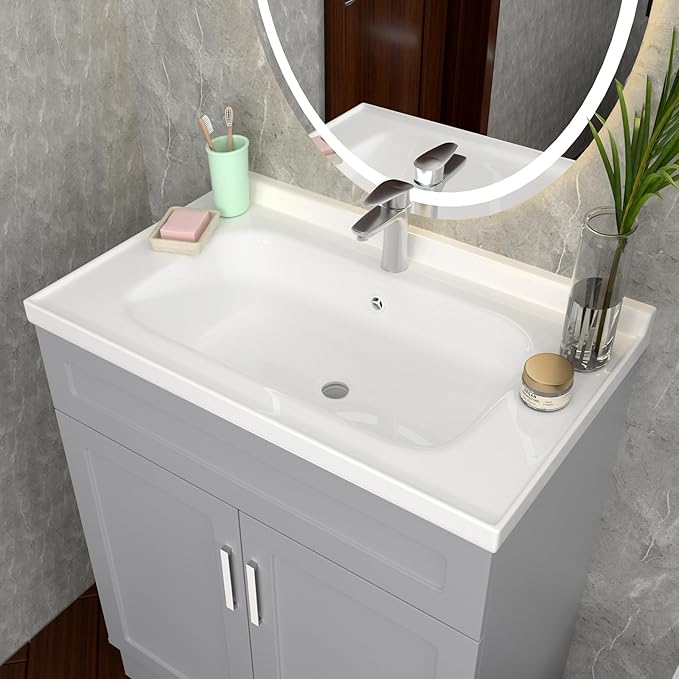 Bathroom Vanity with Ceramic Sink, Bathroom Vanity Cabinet with 2 Doors, 32 Inches Wooden Cabinet with Sink, Grey