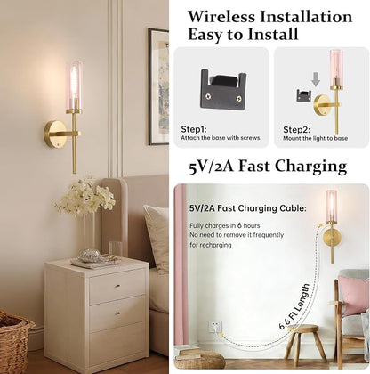 Shenmoyl Battery Operated Wall Sconces Set of 2, Gold Rechargeable Wall Lighting Fixtures, Dimmable Wall Lights with Remote & Pink Glass Shade for Living Room, Bathroom,Bedroom