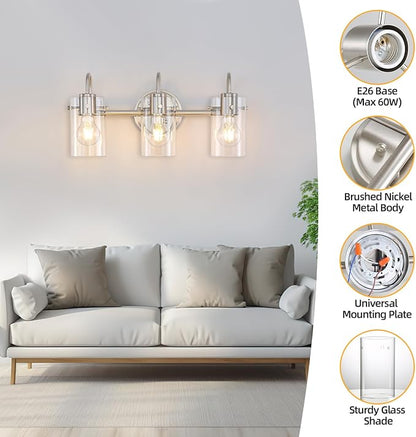3 Lights Vanity Light Fixture, Brushed Nickel Bathroom Wall Sconce | Modern Wall Light with Clear Glass Shade Farmhouse Wall Mount Porch Wall Lamp for Mirror, Kitchen, Living Room, Workshop