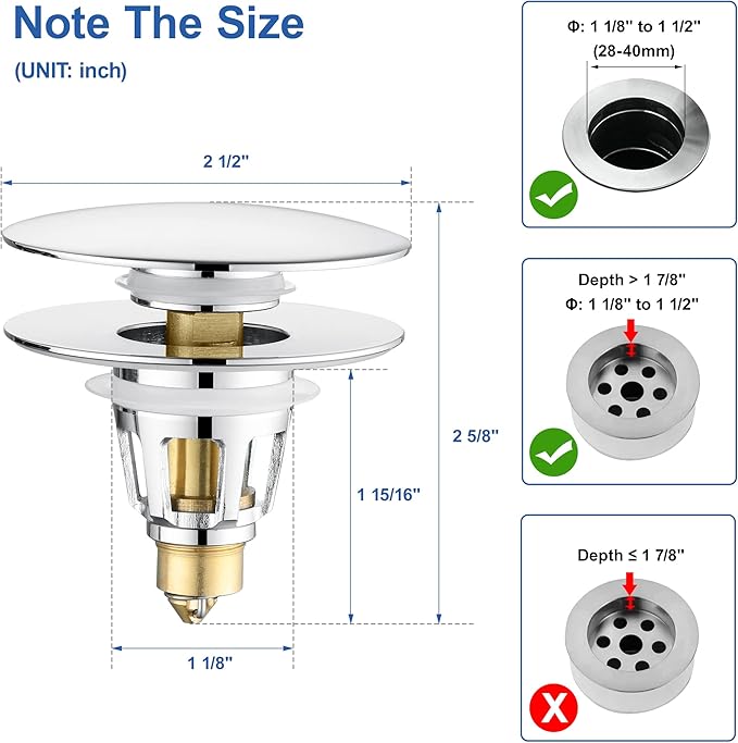 Universal 3-in-1 Bathroom Sink Stopper - Chrome Pop Up Sink Drain Stopper, Push Button Sink Drain Stopper Replacement, Wash Basin Drain Filter Plug with Anti-Clogging Strainer, (Large Cover)