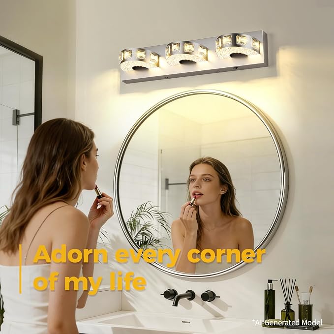 LED Modern Bathroom Vanity Lights 24W 21.6 inch Dimmable 5CCT Brushed Nickel Wall Lighting (3-Light) Crystal Bathroom Light Fixtures for Bathroom Mirror Restroom-ETL Certificated