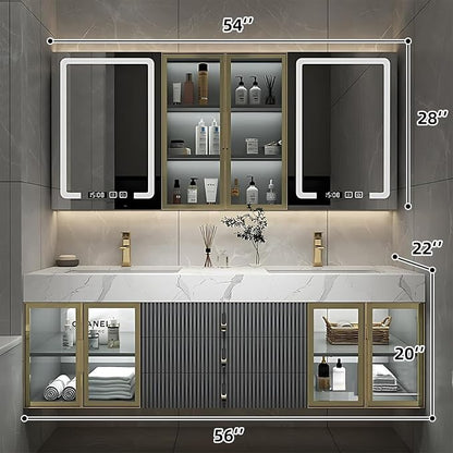 Double Bathroom Vanities with Sink, Floating Bathroom Vanity with LED Smart Defogging Mirror and Storage Cabinet, Modern Bathroom Sink Cabinet with One-Piece Sink and Countertop (Grey, 56")