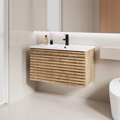 LUCKWIND 36" Floating Bathroom Vanity with Sink, Mid-Century Wall Mounted Big Drawer Cabinet with Large Sink, Water Saving Faucet and Wood Stripes Style, Oak