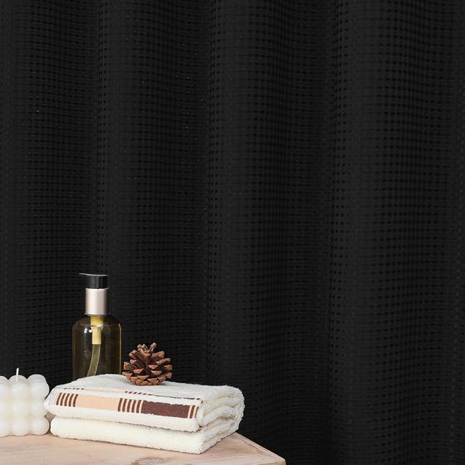 Black 256GSM Waffle Weave Shower Curtain, 72"x84" | Extra Long with Weighted Hem & Rustproof Grommets-Water-Repellent Polyester, Hotel Spa Style for Bathroom,RV,Apartment