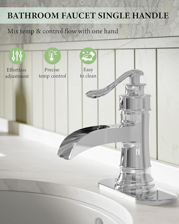 Bathroom Faucet Chrome Waterfall Bathroom Sink Faucets with Single Handle | Rustic Vanity Farmhouse RV Faucet Suitable for 1 or 3 Holes with Pop-up Drain Deck Plate Hose by Homevacious