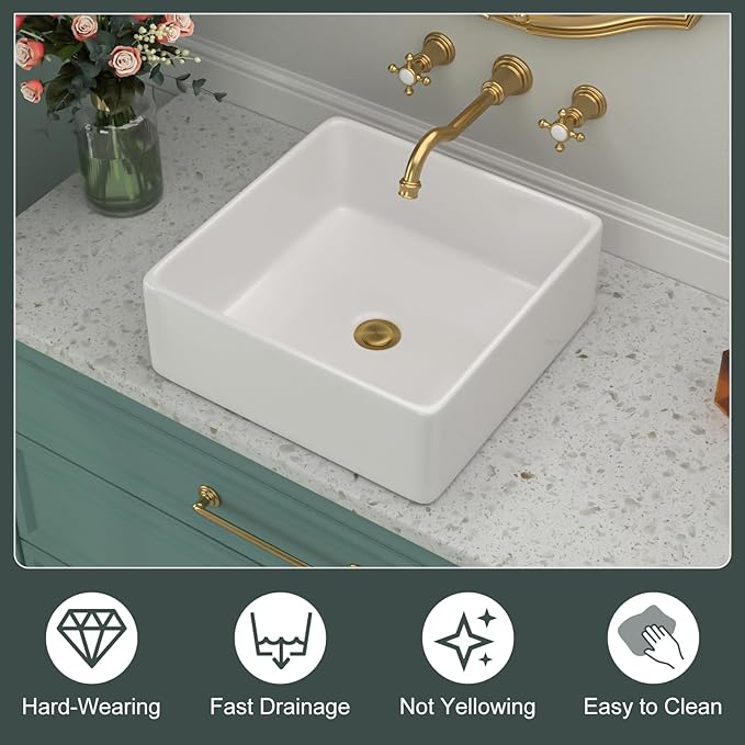White Bathroom Vessel Sink - Beslend 15x15 Inch White Ceramic Porcelain Square Bathroom Sink Lavatory Modern Art Basin