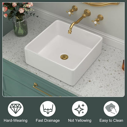 White Bathroom Vessel Sink - Beslend 15x15 Inch White Ceramic Porcelain Square Bathroom Sink Lavatory Modern Art Basin