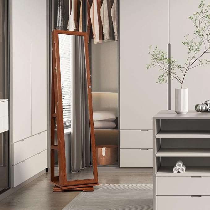 COSTWAY 360 Rotating Jewelry Armoire Cabinet, Standing Jewelry Organizer w/Full-Length Mirror & Large Storage Space, Lockable Mirror Jewelry Cabinet for Girls Women (Walnut)