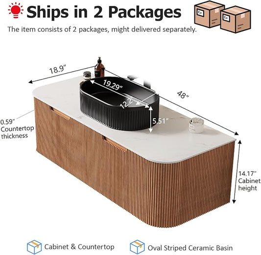 48" Floating Bathroom Vanity with Sink, Wall-Mount Cabinet with 2 Large Storage Drawers, Oval Bathroom Ceramic Basins and Marble Top, Soft-Close Design, Natural Wood with Black