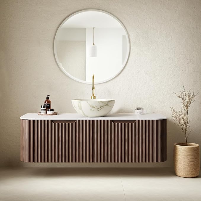 48" Floating Bathroom Vanity with Sink, Wall-Mount Bathroom Cabinet 2 Large Storage Drawer, White Bowl Shape Ceramic Basins with Stone Pattern and Marble Top, Soft-Close Design, Dark Walnut