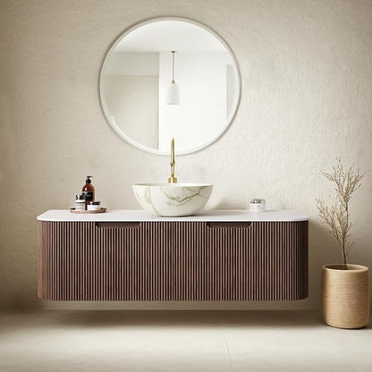 48" Floating Bathroom Vanity with Sink, Wall-Mount Bathroom Cabinet 2 Large Storage Drawer, White Bowl Shape Ceramic Basins with Stone Pattern and Marble Top, Soft-Close Design, Dark Walnut
