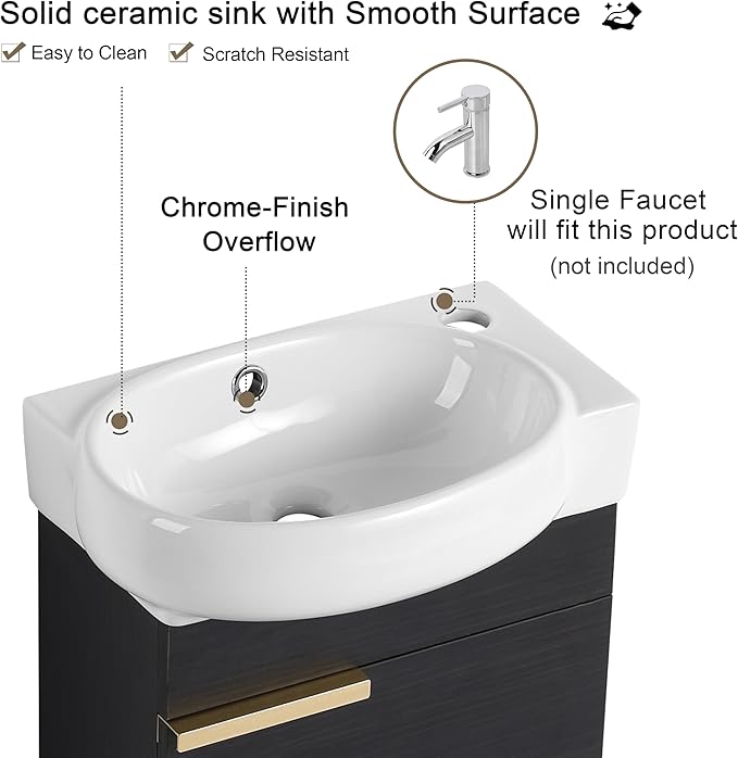 Malwee 16" Floating Bathroom Vanity with Sink, 16 Inch Single Sink Wall Mounted Bathroom Vanity, with 1 Door and White Ceramic Top for Small Space, Modern Wall Hung Cabinet Storage(029-16BCT)