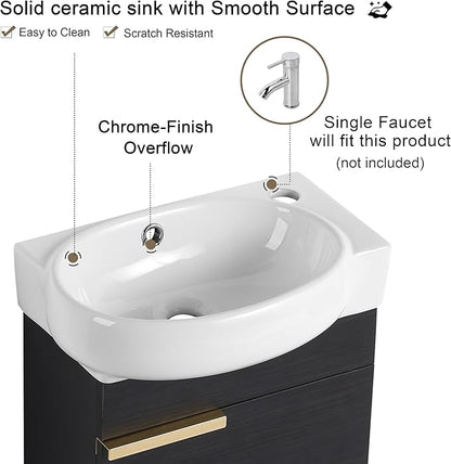 Malwee 16" Floating Bathroom Vanity with Sink, 16 Inch Single Sink Wall Mounted Bathroom Vanity, with 1 Door and White Ceramic Top for Small Space, Modern Wall Hung Cabinet Storage(029-16BCT)