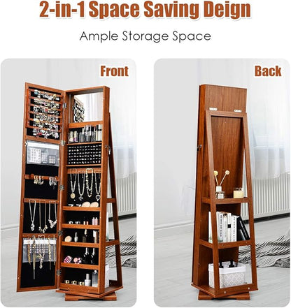 CHARMAID 360° Swivel Jewelry Armoire with Higher Full Length Mirror, Standing Lockable Jewelry Cabinet Organizer with Large Storage Capacity, Inside Makeup Mirror, Back Storage Shelves (Walnut)