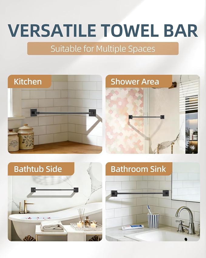 RUACQ Adjustable Towel Bar, Adhesive or Drill Wall Mount Towel Rack, Black | Adjust 15.8 to 26 Inch Towel Racks for Bathroom, 304 Stainless Steel Bath Towel Holder, Rustproof, Square Base, Heavy Duty