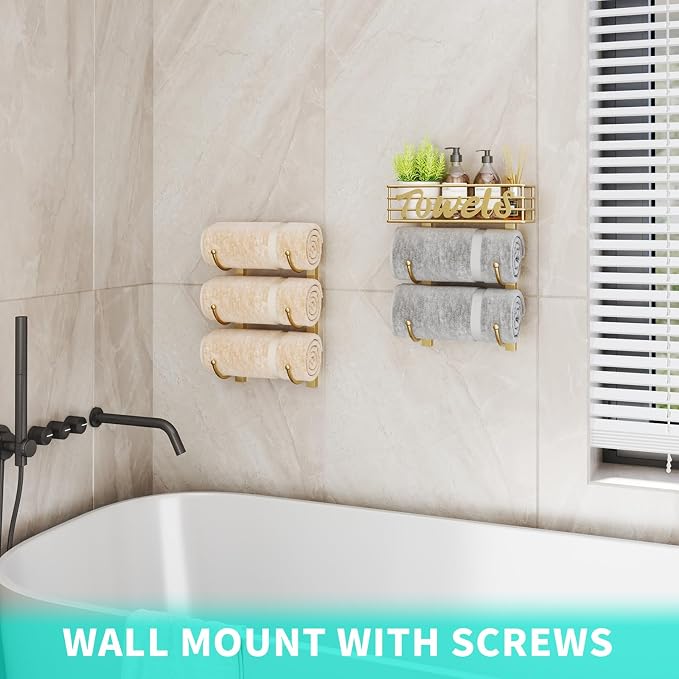 HapiRm Towel Racks for Bathroom Storage - 6 Tier Over The Door & Wall Mount Rolled Towel Storage Organizer Holder with Metal Shelf Basket for Small Bathroom, Camper, Rv - Gold, Patented