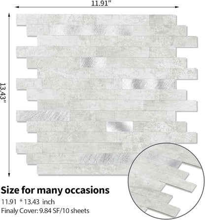10 - Sheet Peel and Stick Backsplash Wall Tile, PVC Kitchen Backsplash, Stick on Tiles for Backsplash Kitchen (12'' X 12'', White Gray)