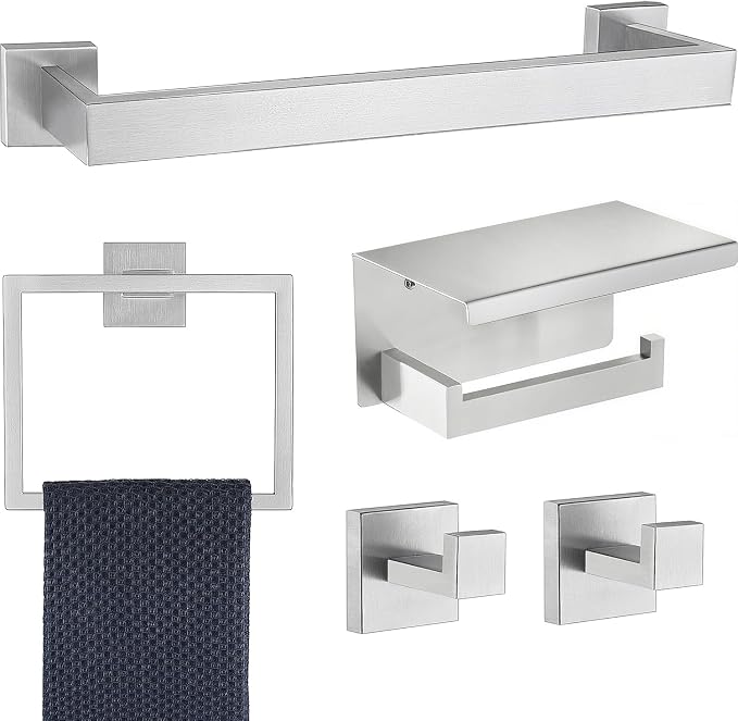 5 Pieces Bathroom Hardware Accessories Set Brushed Nickel, 16Inch Square Towel Racks Set for Bathroom, SUS304 Stainless Steel Towel Bar Set,Toilet Paper Holder with Shelf Wall Mounted