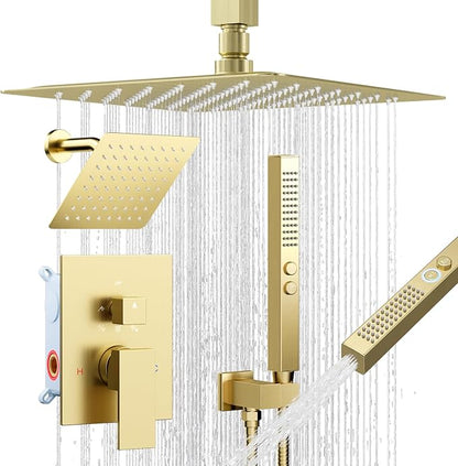 Shower Faucet Sets Shower Systems Brushed Gold,Bostingner Five Functions Knob Diverter Shower Sets with 2 in 1 Handheld Spray,12'' Ceiling Mount and 6'' Wall Mount Rainfall Dual Shower Faucet Trim Kit