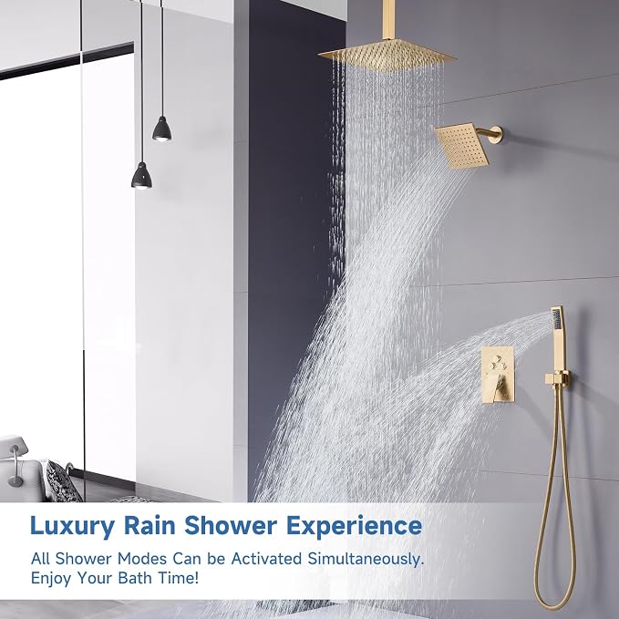 Dual Rainfall Shower Head System, Push Button Shower Faucet Set with 12" Ceiling Mount Rain shower head and 6" Wall Mount Shower Head, Pressure Balance Rough-in Valve (Brushed Gold)
