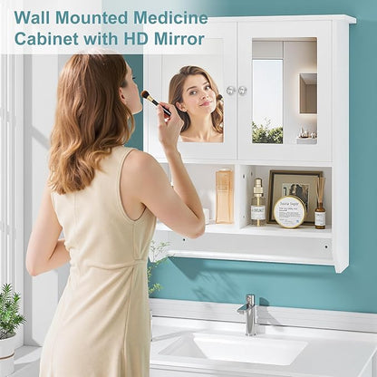 VECELO Bathroom Wall Cabinet with LED Light, Wall Mounted Medicine Cabinet with Open and Hidden Storage Space and Towel Bar for Bathroom, Kitchen, Laundry Room, White