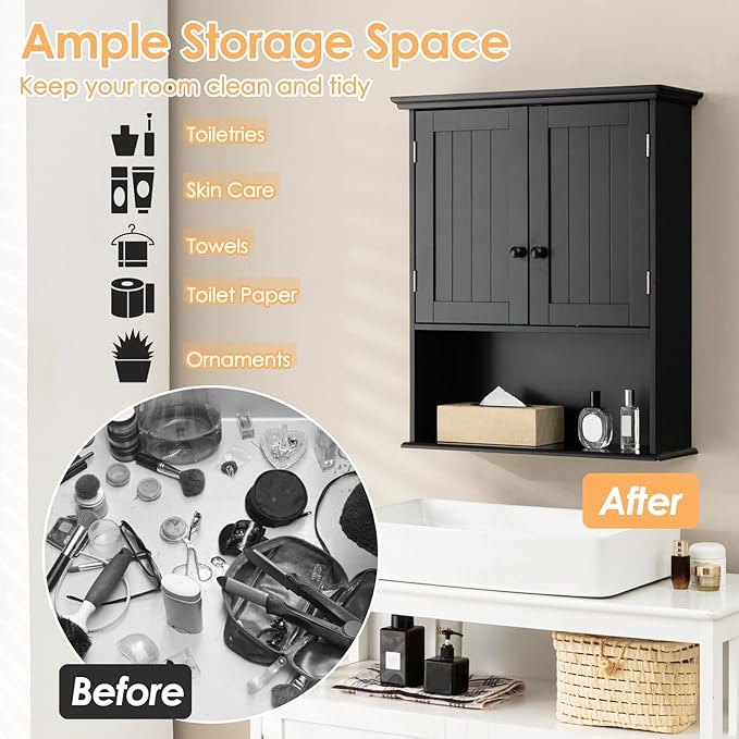 Tangkula Wall Mount Bathroom Cabinet Wooden Medicine Cabinet Storage Organizer with 2-Doors and 1-Shelf Cottage Collection Wall Cabinet (Black)