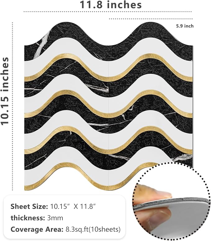 Vamos Tile Peel and Stick Backsplash Seamless Tile,Black+White+Gold,10 pcs | Stick on Backsplash for Kitchen and Bathroom, PVC Mix Metal Gold Self Adhesive Wall Tiles,11.8''x10.15''