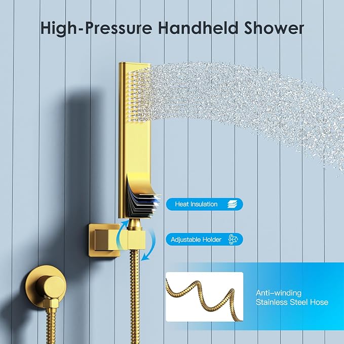Shower System Shower Faucet Set with Push-Button Diverter and Wall Supply Elbow 10 Inch Shower Head Brushed Gold