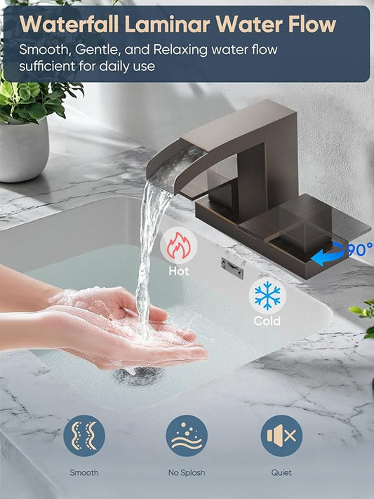 Cobbe Waterfall Bathroom Faucets 3 Hole, Oil Rubbed Bronze Bathroom Sink Faucet Square 4 Inch Centerset with Pop-Up Drain, 2 Handle and 2 Supply Hoses, Lead-Free Stainless Steel for Vanity Sink Rv