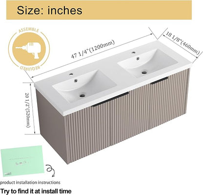 Malwee 48" Bathroom Vanity with Sink, 48 inch Double Sink Floating Vanity, Wall Mounted Bathroom Basin Cabinet Combo, Modern Khaki Bath Vanity Cabinet Set with Storage(MA10348DKH)