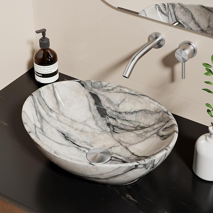 KES 16 x 13 Inch Oval Marble Pattern Vessel Sink Above Counter, Ceramic Porcelain Bathroom Sink Bowl for Vanity Countertop, Modern Look, No Overflow, Sink Only, BVS124-MG