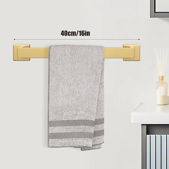 5 Piece Gold Towel Bar Set Bathroom Hardware Set Gold Bathroom Accessories Set with 2 Towel Hook, Stainless Steel Wall Mounted Bathroom Towel Rack Set Square 16-Inch